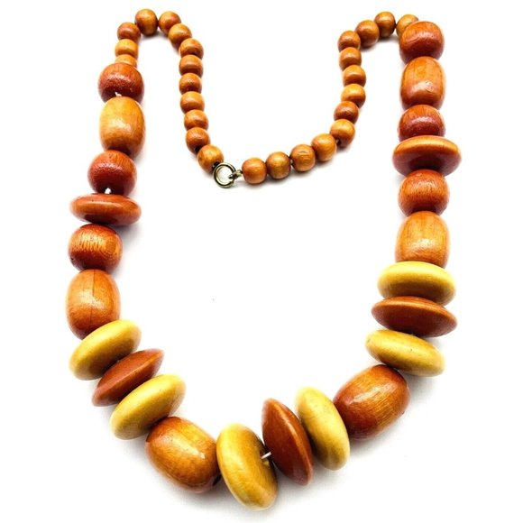 Brown Shades Wood Bead Necklace Gold Tone Ethnic Native Tribal Classic Boho - Picture 1 of 6